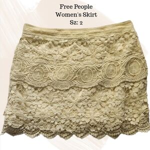 Free People Crochet Tiered Lace Mini Skirt Off White Cotton Lined Size 2‎